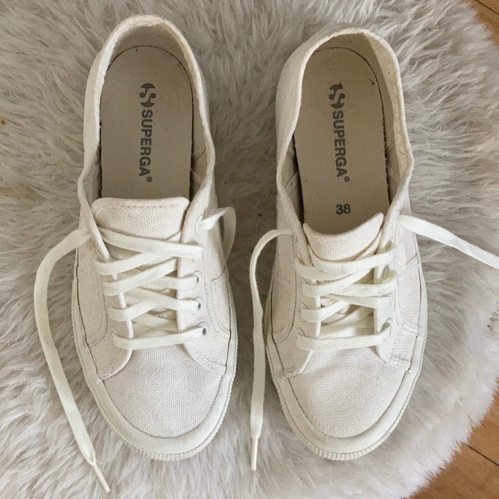 Superga White Canvas Tennis Shoes, White Label, Sz 38